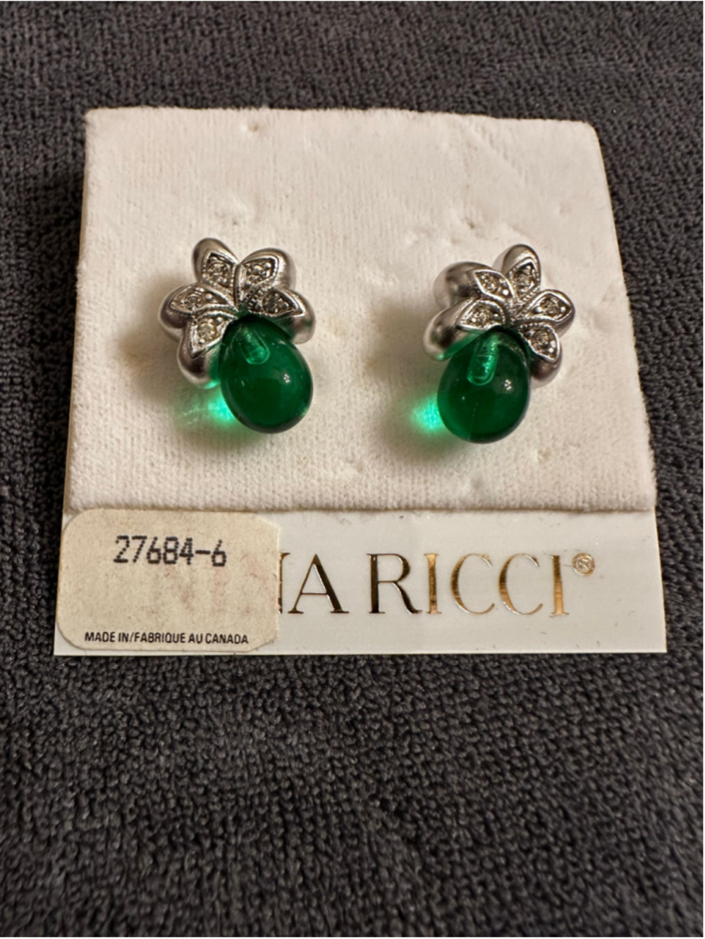 Nina Ricci Flower Drop Earrings Green and Silver